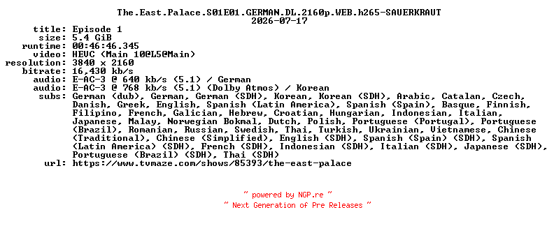 NFO for the release The.East.Palace.S01E01.GERMAN.DL.2160p.WEB.h265-SAUERKRAUT by SAUERKRAUT