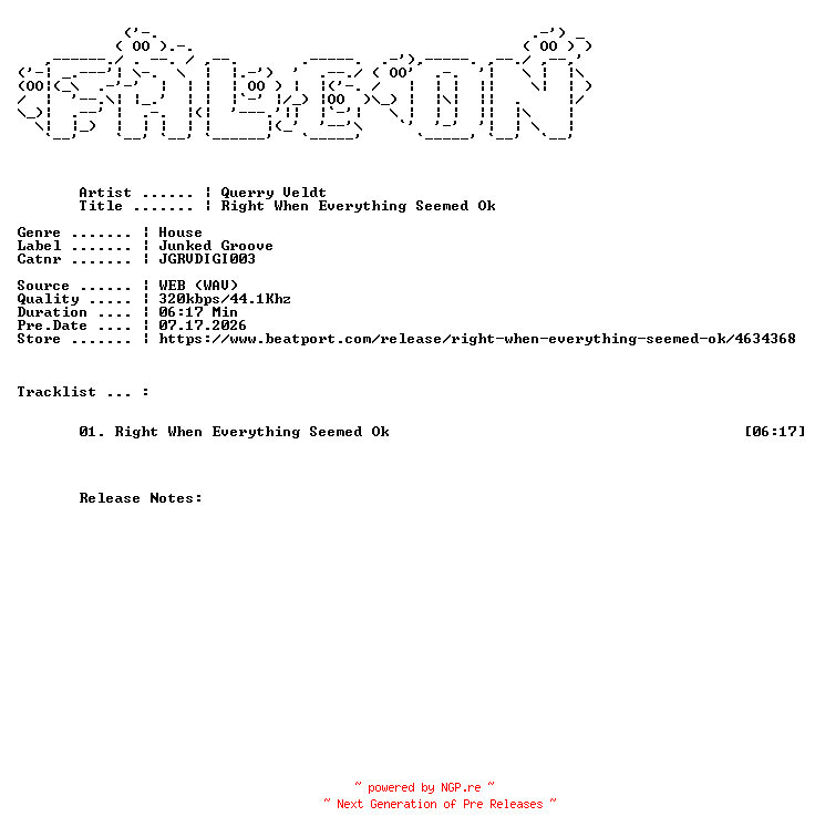 NFO for the release Querry_Veldt-Right_When_Everything_Seemed_OK-(JGRVDIGI003)-SINGLE-WEB-2024-FALCON by FALCON