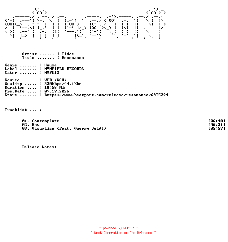 NFO for the release Tidee-Resonance-(NYF013)-WEB-2026-FALCON by FALCON