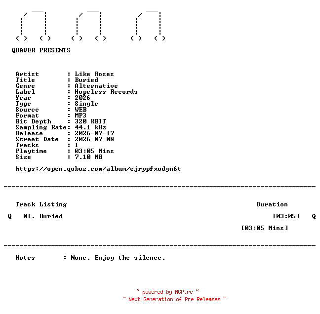 NFO for the release Like_Roses-Buried-SINGLE-WEB-2026-QUAVER by QUAVER
