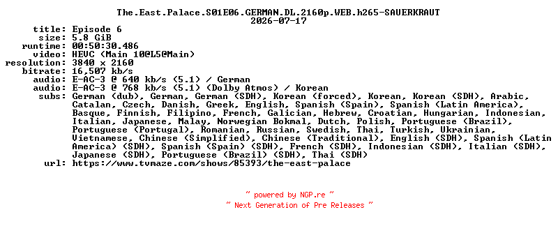 NFO for the release The.East.Palace.S01E06.GERMAN.DL.2160p.WEB.h265-SAUERKRAUT by SAUERKRAUT