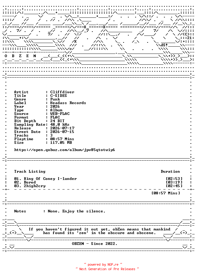 NFO for the release Cliffdiver-C-SIDES-EP-24BIT-48KHZ-WEB-FLAC-2026-OBZEN by OBZEN