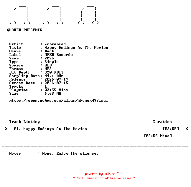 NFO for the release Zebrahead-Happy_Endings_At_The_Movies-SINGLE-WEB-2026-QUAVER by QUAVER