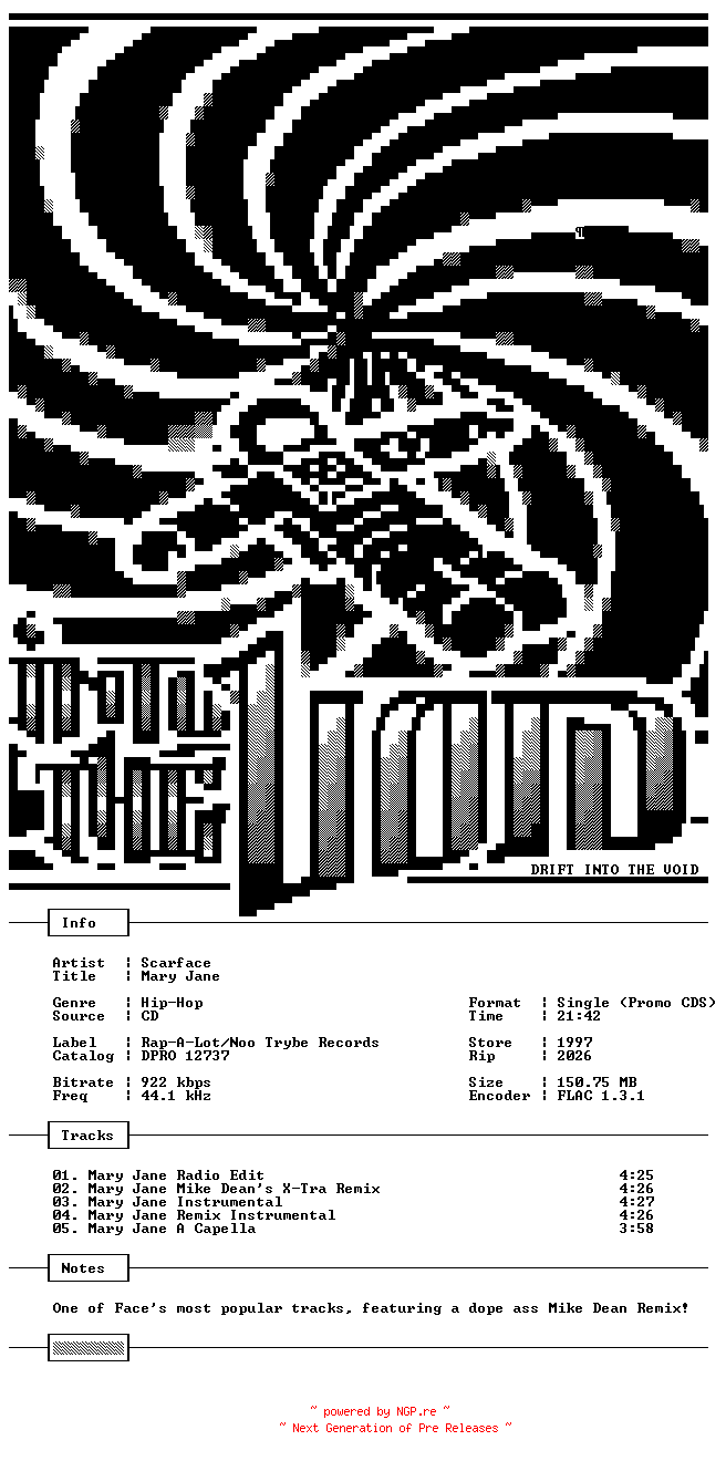 NFO for the release Scarface-Mary_Jane-Promo-CDS-FLAC-1997-THEVOiD by THEVOiD