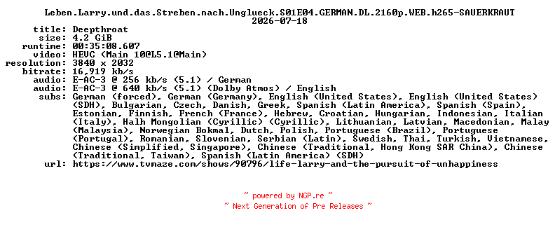 NFO for the release Leben.Larry.und.das.Streben.nach.Unglueck.S01E04.GERMAN.DL.2160p.WEB.h265-SAUERKRAUT by SAUERKRAUT