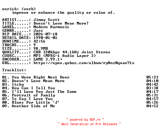 NFO for the release Jimmy_Scott-Doesnt_Love_Mean_More-WEB-2026-ENRiCH by ENRiCH