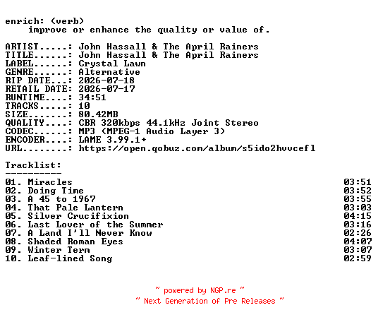 NFO for the release John_Hassall_and_The_April_Rainers-John_Hassall_and_The_April_Rainers-WEB-2026-ENRiCH by ENRiCH