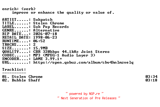 NFO for the release Sukpatch-Stolen_Chrome-SINGLE-WEB-1998-ENRiCH by ENRiCH
