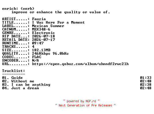 NFO for the release Fauzia-I_Was_Here_For_a_Moment-(MEX348-6)-24BIT-WEB-FLAC-2026-ENRiCH by ENRiCH