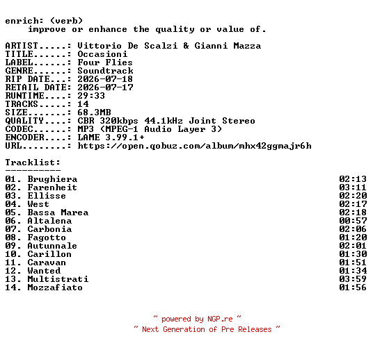 NFO for the release Vittorio_De_Scalzi_and_Gianni_Mazza-Occasioni-OST-WEB-2026-ENRiCH by ENRiCH