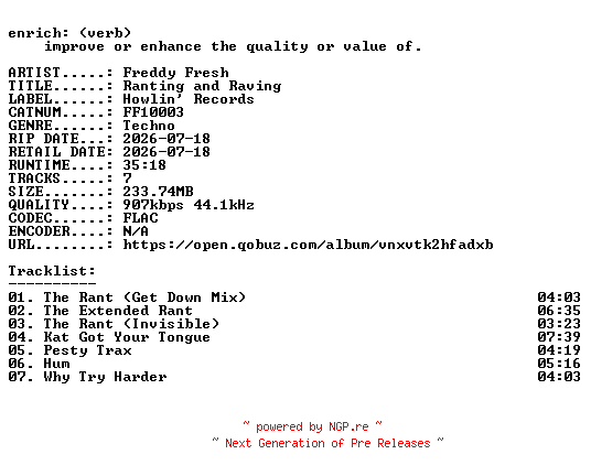 NFO for the release Freddy_Fresh-Ranting_and_Raving-(FF10003)-24BIT-WEB-FLAC-2026-ENRiCH by ENRiCH
