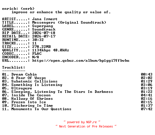 NFO for the release Jana_Irmert-Messengers_(Original_Soundtrack)-OST-24BIT-WEB-FLAC-2026-ENRiCH by ENRiCH