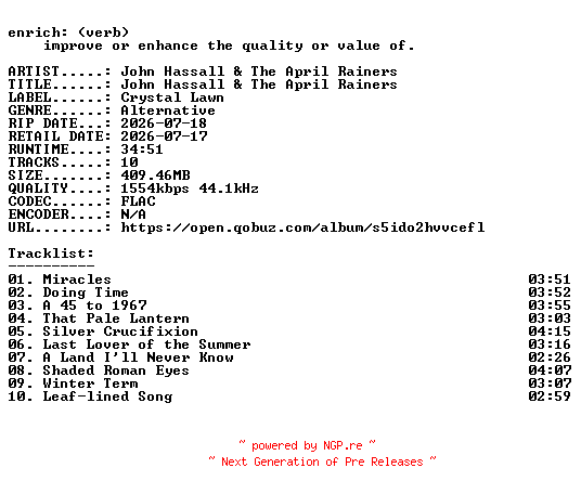 NFO for the release John_Hassall_and_The_April_Rainers-John_Hassall_and_The_April_Rainers-24BIT-WEB-FLAC-2026-ENRiCH by ENRiCH