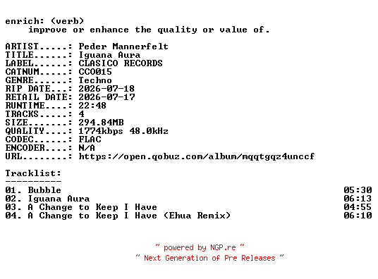 NFO for the release Peder_Mannerfelt-Iguana_Aura-(CCO015)-24BIT-WEB-FLAC-2026-ENRiCH by ENRiCH