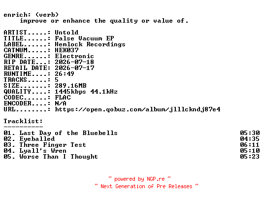 NFO for the release Untold-False_Vacuum_EP-(HEK037)-24BIT-WEB-FLAC-2026-ENRiCH by ENRiCH