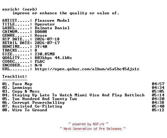 NFO for the release Pleasure_Model-Operator-(DDA08)-16BIT-WEB-FLAC-2026-ENRiCH by ENRiCH