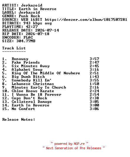 NFO for the release Jerkazoid-Earth_In_Reverse-16BIT-WEB-FLAC-2026-SDR by SDR