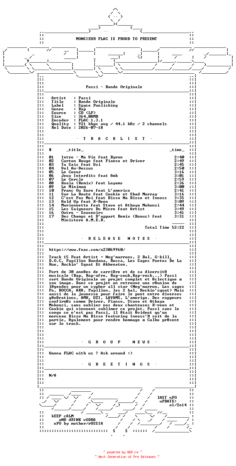 NFO for the release Passi-Bande_Originale-FR-CD-FLAC-2026-Mrflac by Mrflac