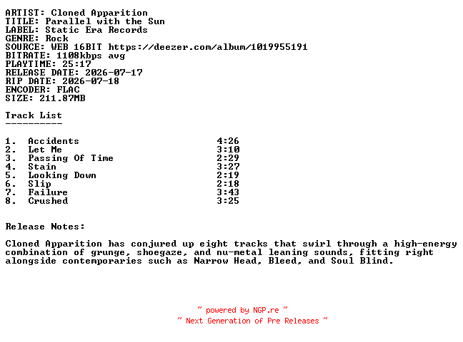 NFO for the release Cloned_Apparition-Parallel_With_The_Sun-16BIT-WEB-FLAC-2026-SDR by SDR