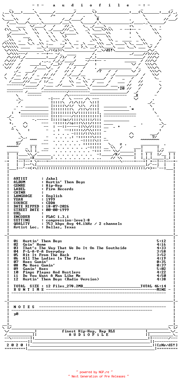 NFO for the release Jakol-Hurtin_Them_Boys-CD-FLAC-1999-AUDiOFiLE by AUDiOFiLE