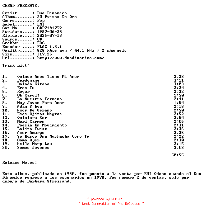 NFO for the release Duo_Dinamico-20_Exitos_De_Oro-(CDP7481772)-ES-REISSUE-CD-FLAC-1987-CEBAD by CEBAD