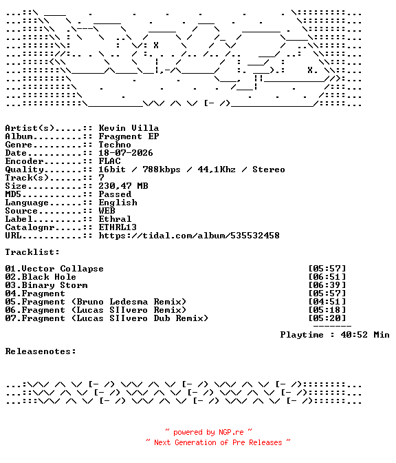 NFO for the release Kevin_Villa-Fragment_EP-ETHRL13-16BIT-WEB-FLAC-2026-WAVED by WAVED