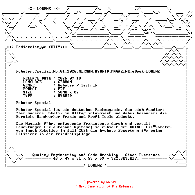 NFO for the release Roboter.Spezial.No.01.2026.GERMAN.HYBRID.MAGAZINE.eBook-LORENZ by LORENZ