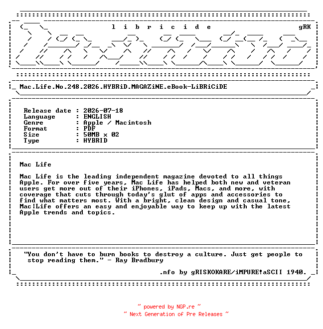 NFO for the release Mac.Life.No.248.2026.HYBRiD.MAGAZiNE.eBook-LiBRiCiDE by LiBRiCiDE