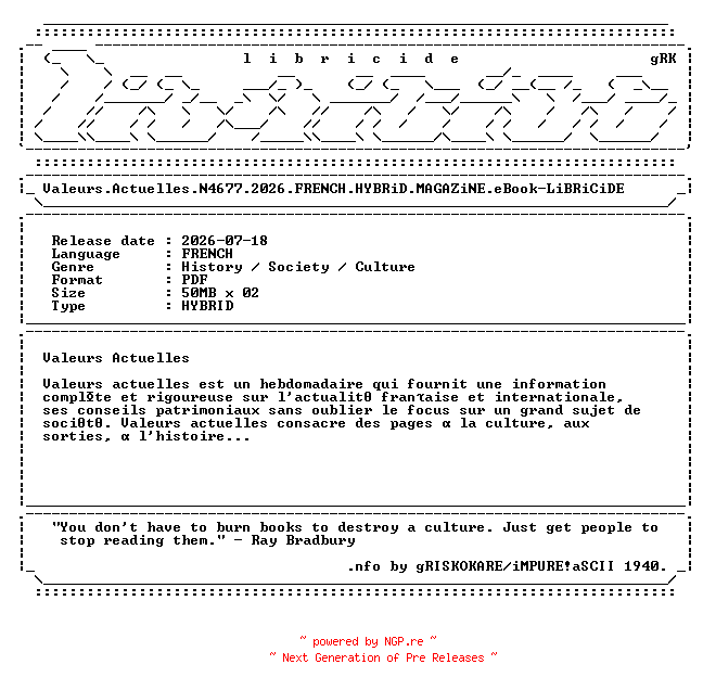 NFO for the release Valeurs.Actuelles.N4677.2026.FRENCH.HYBRiD.MAGAZiNE.eBook-LiBRiCiDE by LiBRiCiDE