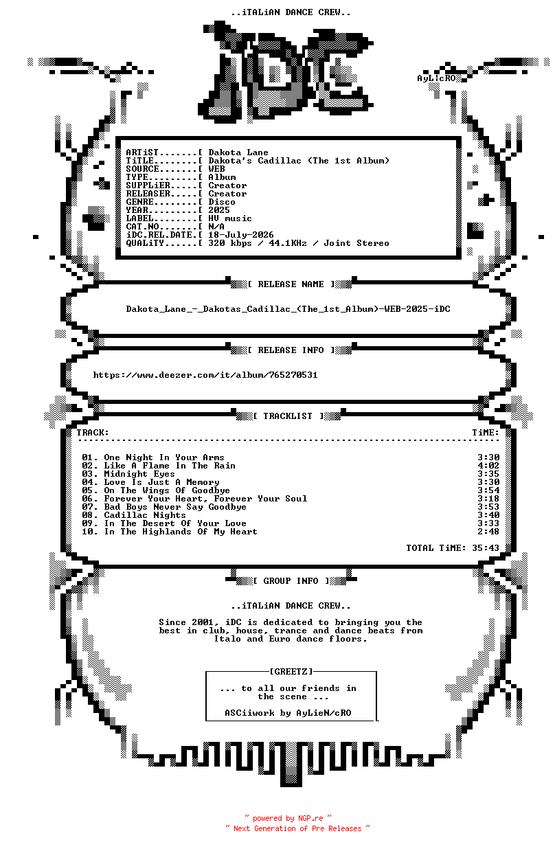 NFO for the release Dakota_Lane_-_Dakotas_Cadillac_(The_1st_Album)-WEB-2025-iDC by iDC