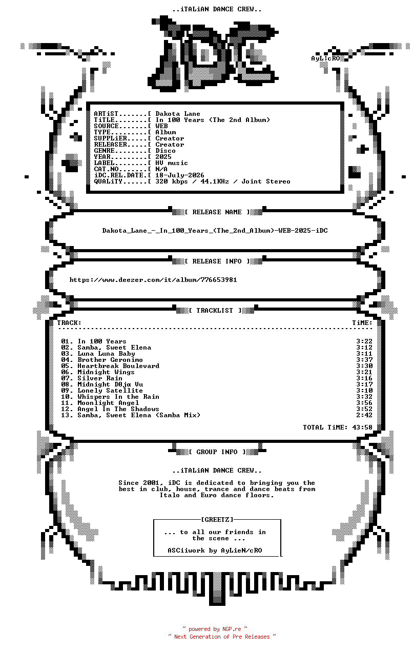 NFO for the release Dakota_Lane_-_In_100_Years_(The_2nd_Album)-WEB-2025-iDC by iDC