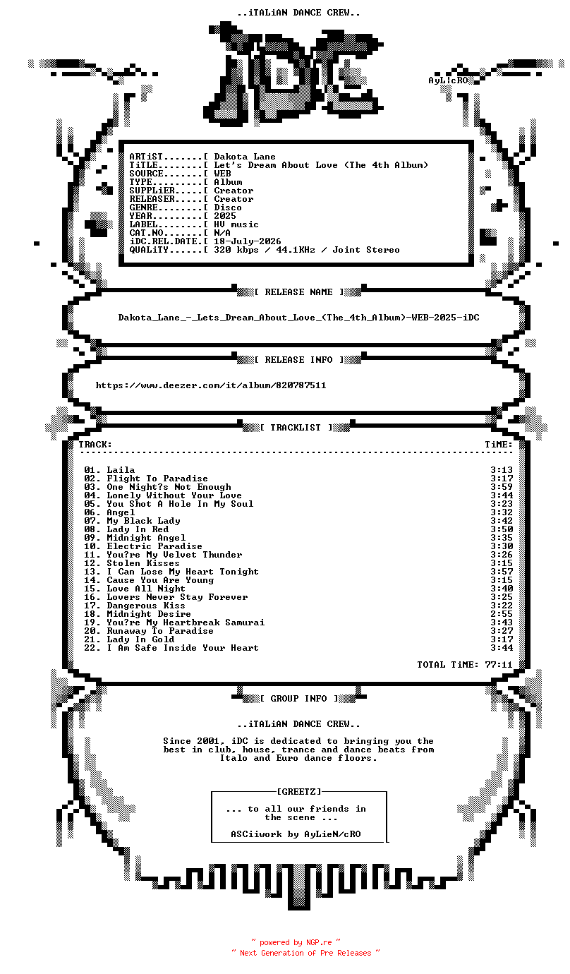 NFO for the release Dakota_Lane_-_Lets_Dream_About_Love_(The_4th_Album)-WEB-2025-iDC by iDC