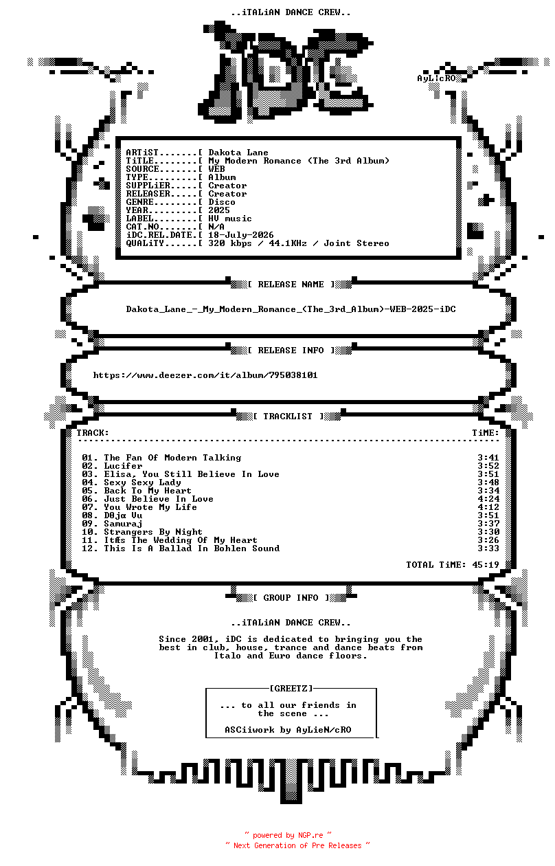 NFO for the release Dakota_Lane_-_My_Modern_Romance_(The_3rd_Album)-WEB-2025-iDC by iDC
