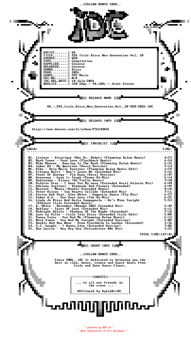 NFO for the release VA_-_ZYX_Italo_Disco_New_Generation_Vol._28-WEB-2026-iDC by iDC
