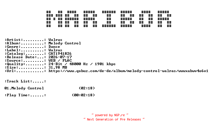 NFO for the release Walras-Melody_Control-(CAT1941826)-SINGLE-24BIT-WEB-FLAC-2026-MARiBOR by MARiBOR