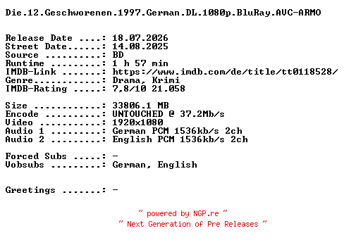 NFO for the release Die.12.Geschworenen.1997.OM.German.DL.1080p.BluRay.AVC-ARMO by ARMO