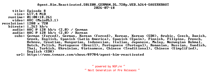 NFO for the release Agent.Kim.Reactivated.S01E08.GERMAN.DL.720p.WEB.h264-SAUERKRAUT by SAUERKRAUT