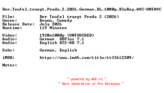 NFO for the release Der.Teufel.traegt.Prada.2.2026.German.DL.1080p.BluRay.AVC-UNTAVC by UNTAVC