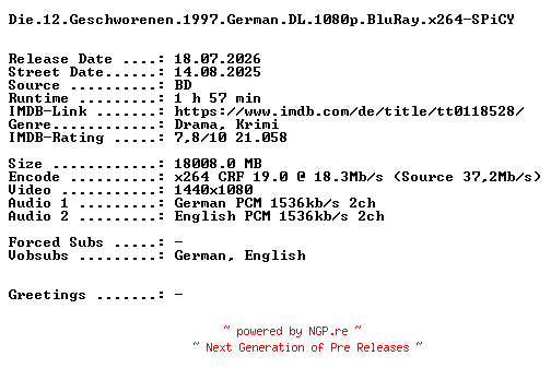 NFO for the release Die.12.Geschworenen.1997.OM.German.DL.1080p.BluRay.x264-SPiCY by SPiCY