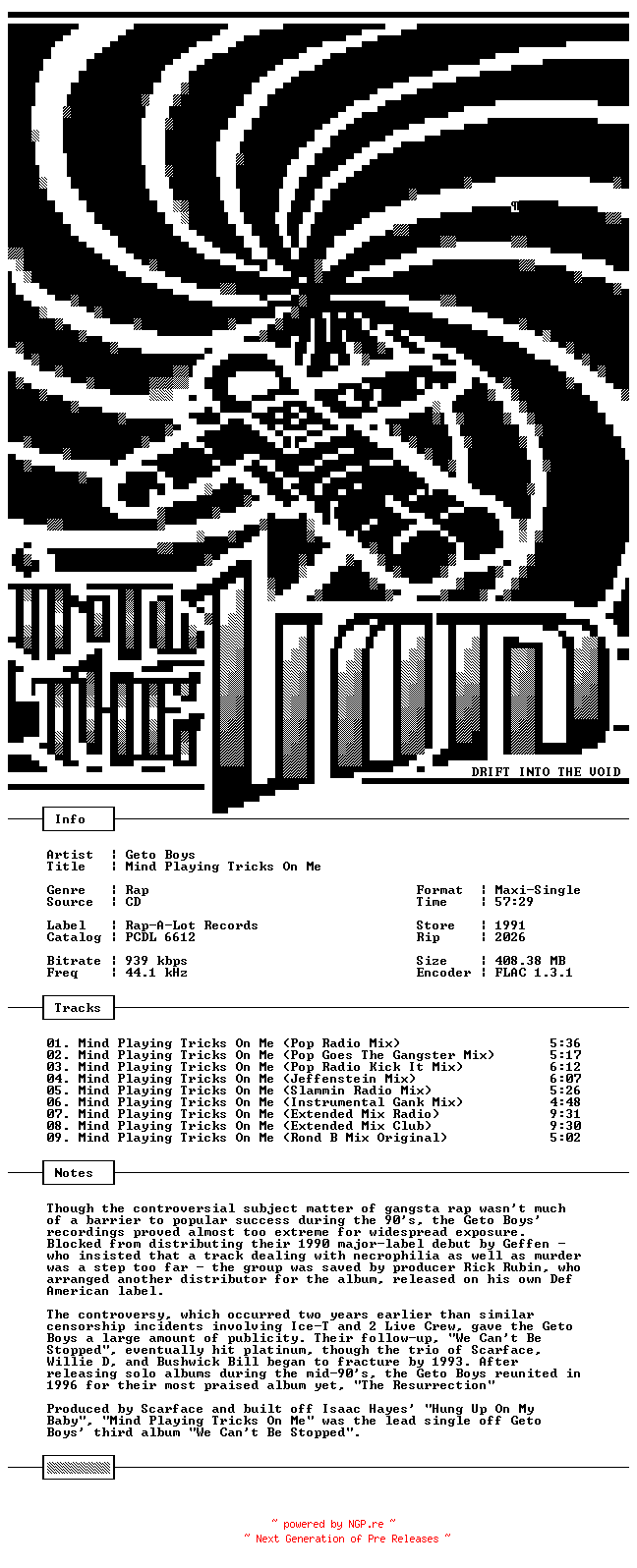 NFO for the release Geto_Boys-Mind_Playing_Tricks_On_Me-Promo-CDM-FLAC-1991-THEVOiD by THEVOiD