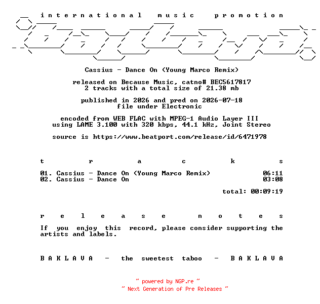 NFO for the release Cassius-Dance_On_(Young_Marco_Remix)-(BEC5617817)-WEB-2026-BAKLAVA by BAKLAVA