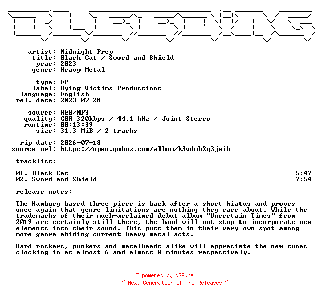 NFO for the release Midnight_Prey-Black_Cat__Sword_and_Shield-EP-WEB-2023-BLEEDiNG by BLEEDiNG