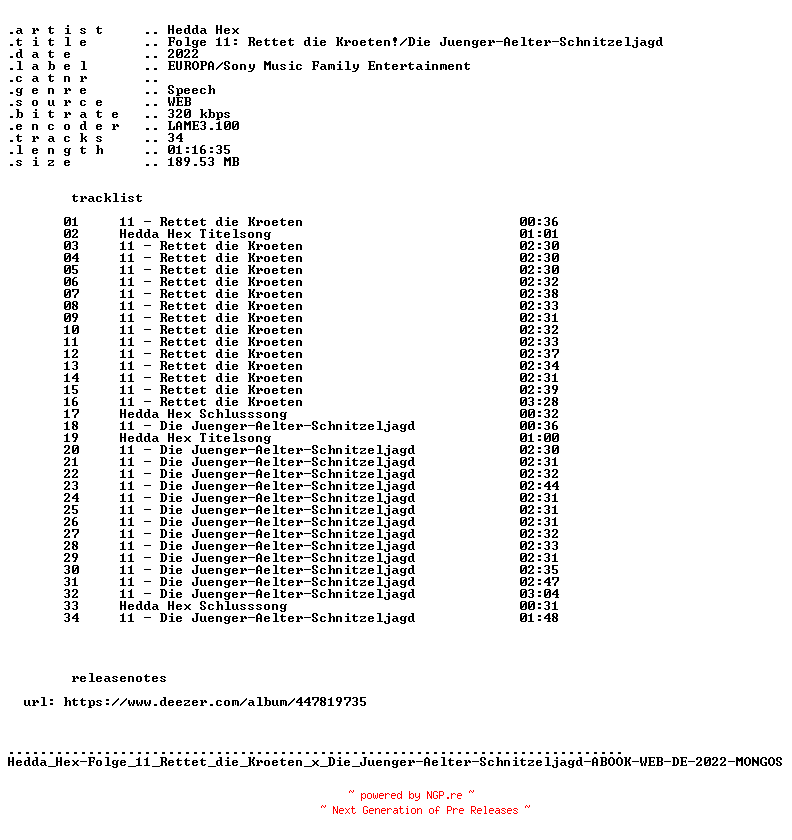NFO for the release Hedda_Hex-Folge_11_Rettet_die_Kroeten_x_Die_Juenger-Aelter-Schnitzeljagd-ABOOK-WEB-DE-2022-MONGOS by MONGOS