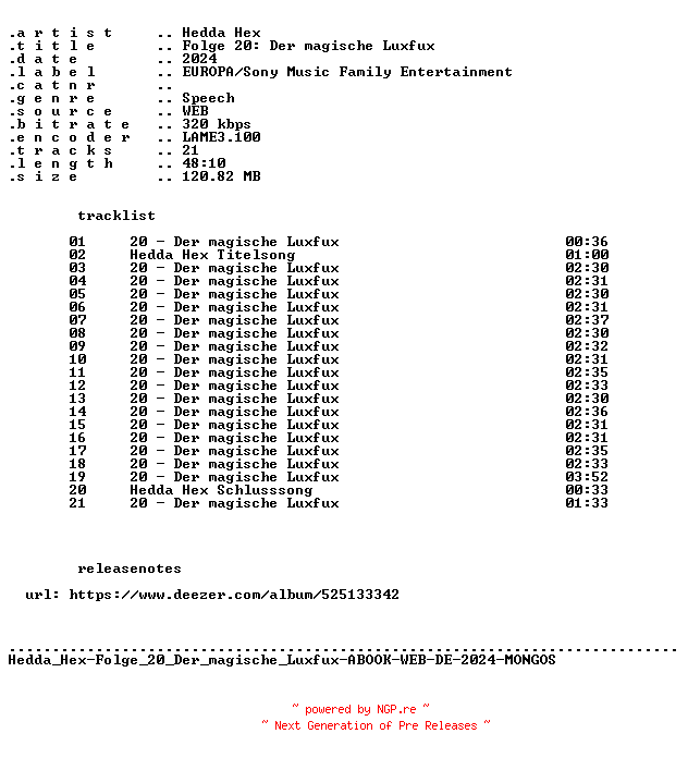 NFO for the release Hedda_Hex-Folge_20_Der_magische_Luxfux-ABOOK-WEB-DE-2024-MONGOS by MONGOS