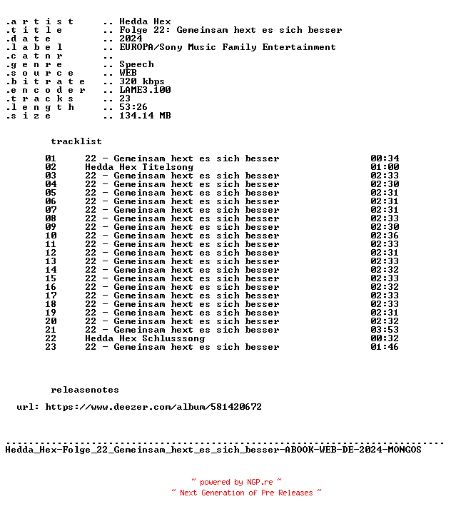 NFO for the release Hedda_Hex-Folge_22_Gemeinsam_hext_es_sich_besser-ABOOK-WEB-DE-2024-MONGOS by MONGOS