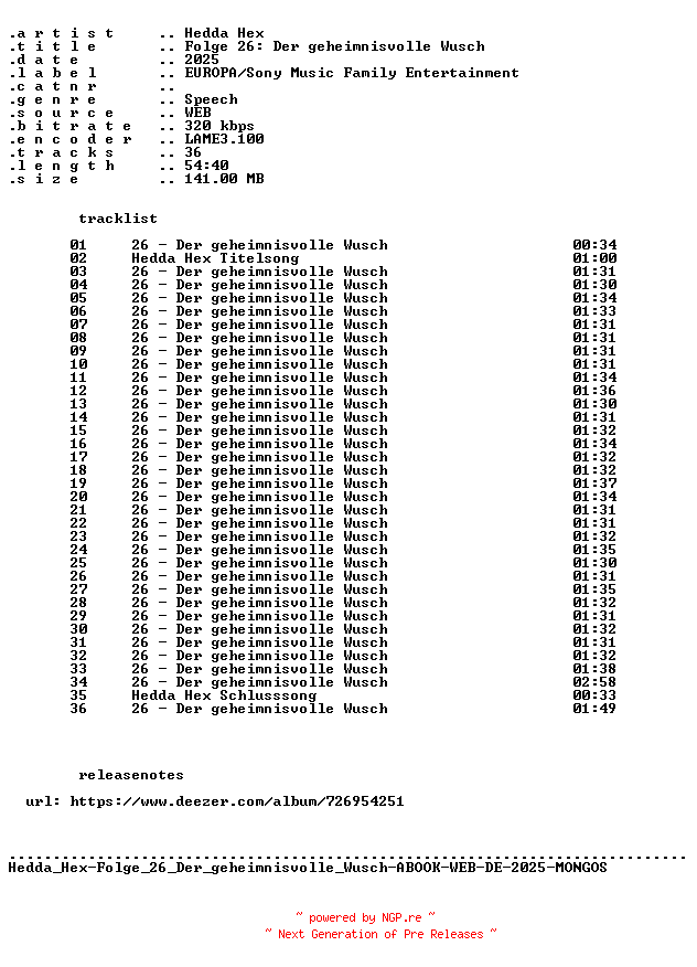 NFO for the release Hedda_Hex-Folge_26_Der_geheimnisvolle_Wusch-ABOOK-WEB-DE-2025-MONGOS by MONGOS