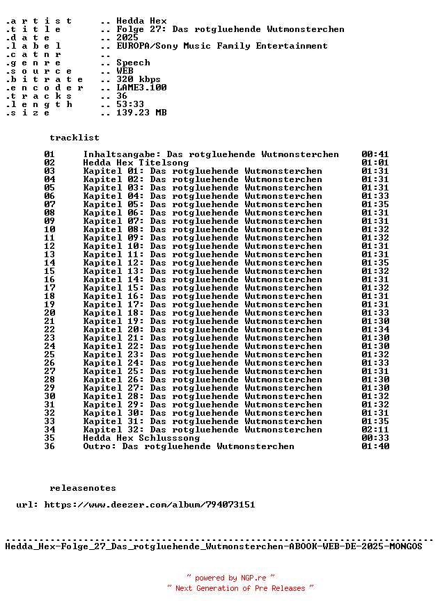 NFO for the release Hedda_Hex-Folge_27_Das_rotgluehende_Wutmonsterchen-ABOOK-WEB-DE-2025-MONGOS by MONGOS