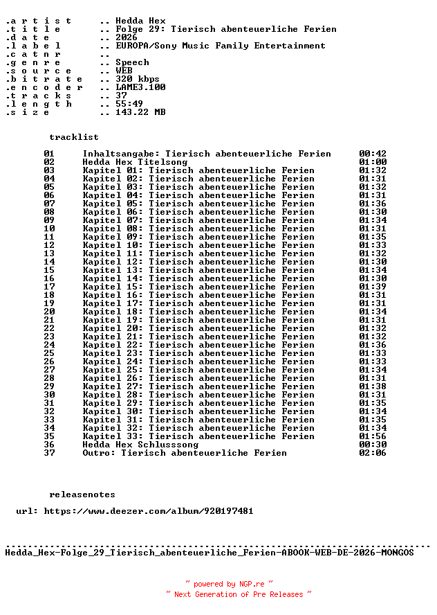 NFO for the release Hedda_Hex-Folge_29_Tierisch_abenteuerliche_Ferien-ABOOK-WEB-DE-2026-MONGOS by MONGOS