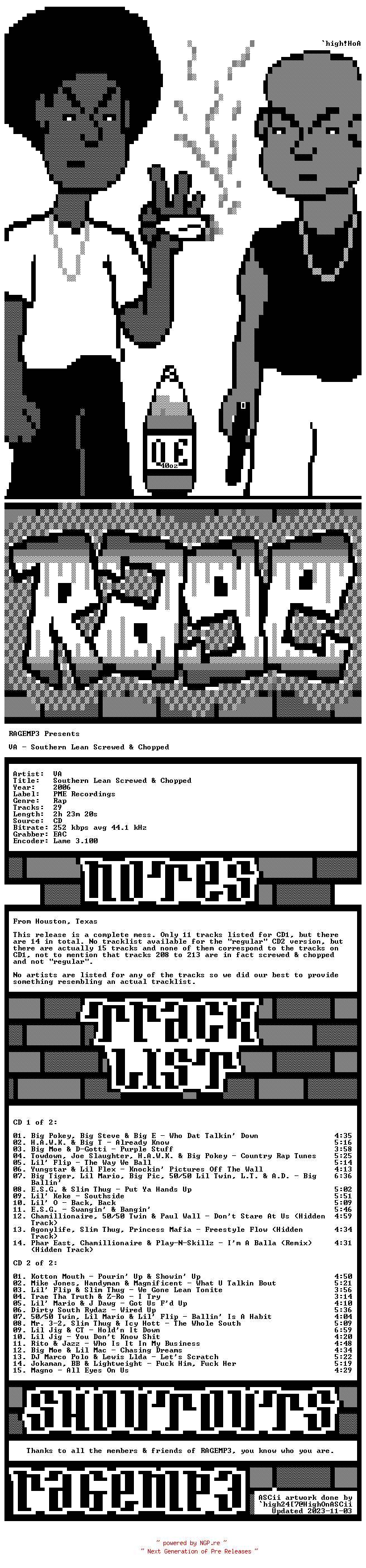 NFO for the release VA-Southern_Lean_Screwed_And_Chopped-BOOTLEG-2CD-2006-RAGEMP3 by RAGEMP3