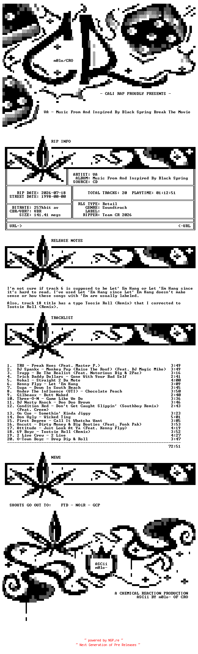 NFO for the release VA-Music_From_And_Inspired_By_Black_Spring_Break_The_Movie-OST-1998-CR by CR